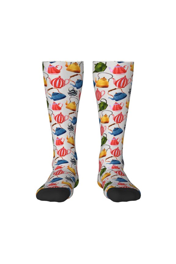 Watercolor Teapots Knee Socks, High Socks Long Stretchy Sock Women Knee High Stocking, Long Socks for Women