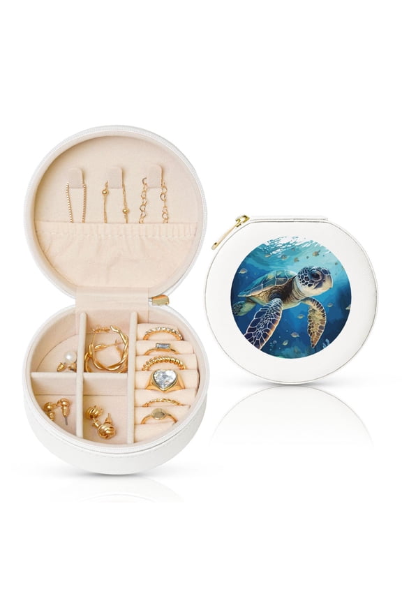 Watercolor Turtle Round Jewelry Box, Travel Jewelry Organizer, 3.9 x 3.9 x 2in Jewelry Storage Box for Women-White