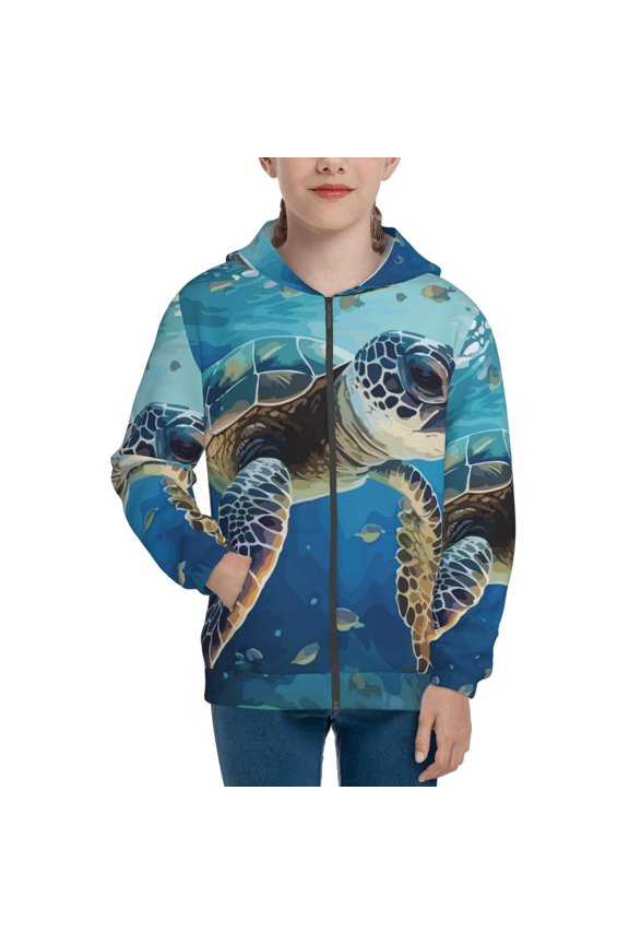Watercolor Turtle Teenage Zipper Hoodie, Long Sleeve Zip Up Hoodies Casual Jackets Tops for 7-12 Years-Medium