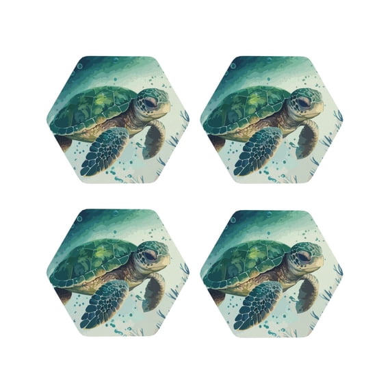 Naloa Watercolor Turtle1 Leather Coasters for Drinks, Durable Drink Coasters 4 Set for Tabletop Protection, Luxurious Home Décor and Housewarming Gift ( {designName})Hexagon