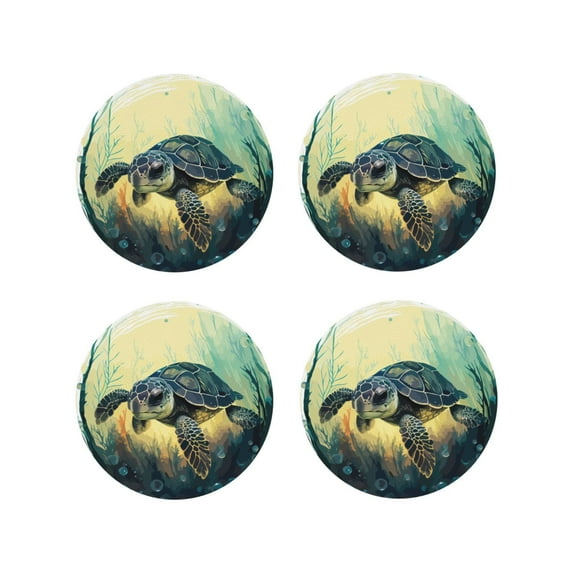 Naloa Watercolor Turtle3 Leather Coasters for Drinks, Durable Drink Coasters 4 Set for Tabletop Protection, Luxurious Home Décor and Housewarming Gift ( {designName})Round Shape