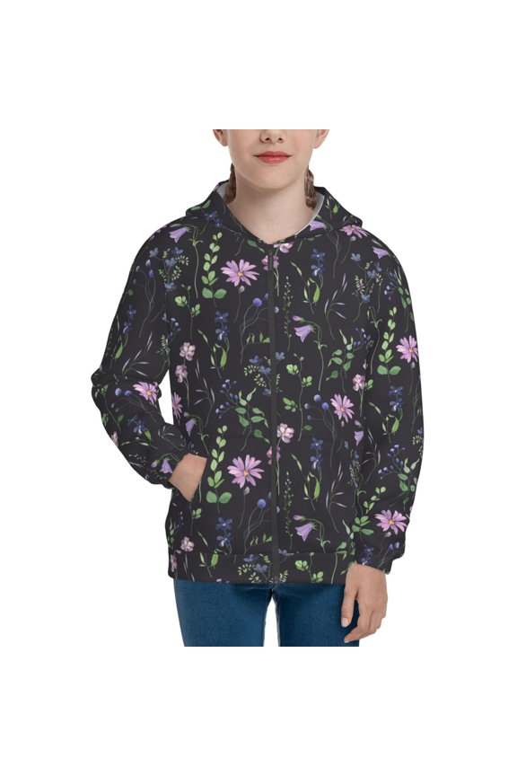 Watercolor Wildflower 1 Teenage Zipper Hoodie, Long Sleeve Zip Up Hoodies Casual Jackets Tops for 7-12 Years-Medium