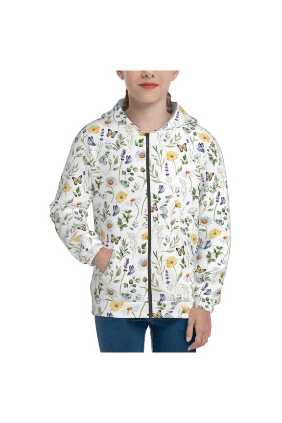 Watercolor Wildflower 2 Teenage Zipper Hoodie, Long Sleeve Zip Up Hoodies Casual Jackets Tops for 7-12 Years-Medium