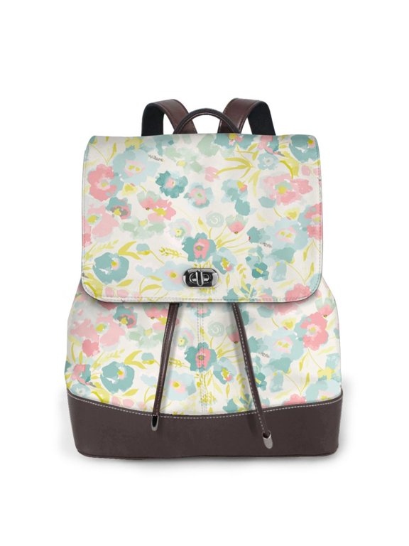 Watercolor Wildflowers Print Women's Leather Backpack,Travel Laptop Backpack,Fashion Ladies Leather Backpack Bag for Travel,Leather Drawstring Daypack for Me