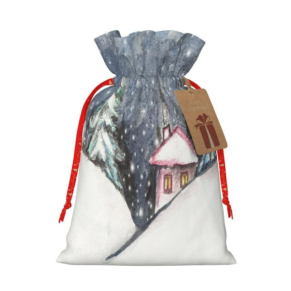 Naloa Watercolor Winter Landscape For Christmas Drawstring Christmas Bags, 3D Xmas Gift Bags, Christmas Wrapping Bags, Xmas Goodie Bags, Treat Pouch Bags, Party Favor Bags-Medium