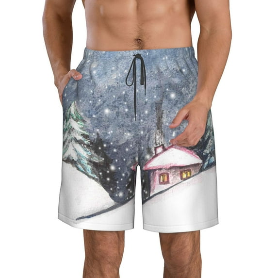 Naloa Watercolor Winter Landscape For Christmas Men's Beach Shorts, Surfing shorts, Swim trunks, Quick Dry Swim Trunks for Surfing Beach Fun - X-Large