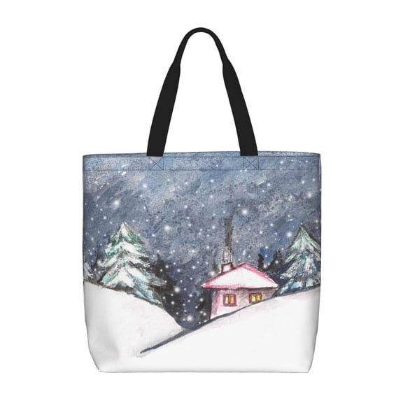 Naloa Watercolor Winter Landscape For Christmas Tote Bag for Women, Foldable Tote Bag With Zipper, Large Shoulder Bag, Top Handle Handbag for Travel, Work, Shopping