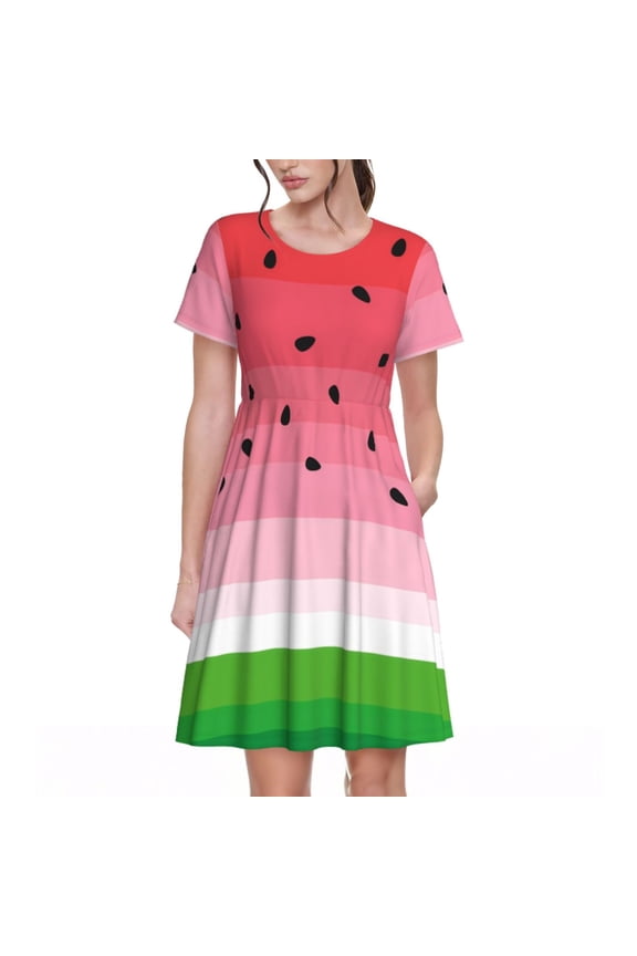 Watermelon Print Womens Summer A-Line Dress with Pockets,Short Sleeve Dresses,Flowy Beach Swing Dress for Vacation Travel