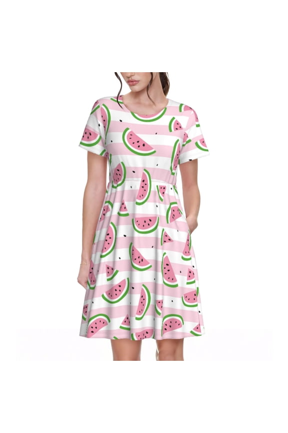 Watermelon Print Womens Summer A-Line Dress with Pockets,Short Sleeve Dresses,Flowy Beach Swing Dress for Vacation Travel