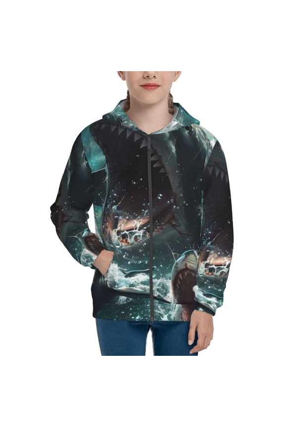 Wave Ocean Animal Shark Teenage Zipper Hoodie, Long Sleeve Zip Up Hoodies Casual Jackets Tops for 7-12 Years-Medium