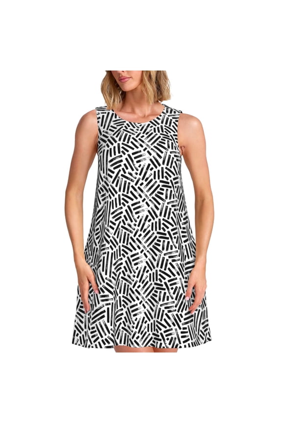 Weave Geometric Print Women's Summer Spring Casual Beach Sundress,Vacation Sleeveless Tank Crewneck Loose Dresses