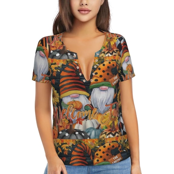 Naloa Welcom Fall Print T-Shirts Short Sleeve V Neck Tees for Women Fashion Tops Trendy Lightweight Soft Casual Summer Outfits Clothes