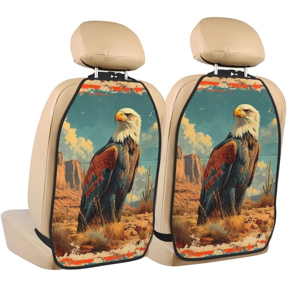 Naloa Western Desert Cactus Bald Eagle 2Pcs Anti-Kick Back Seat Cover Kick Mat, Car Seat Protector with 3 Storage Pockets