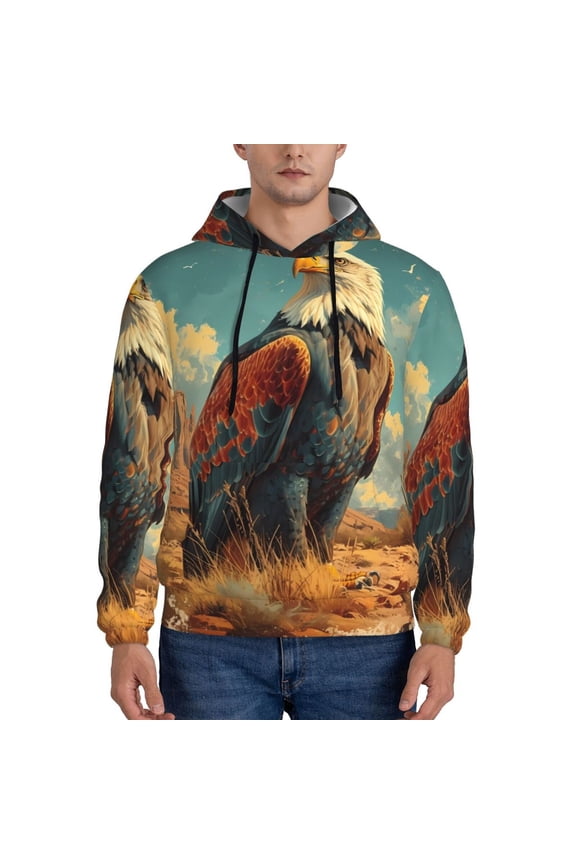 Western Desert Cactus Bald Eagle Men's Casual Hooded Collar Drawstring Hoodies Pullover Sweatshirts Casual Long Sleeve Shirts-Small