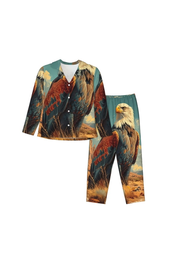 Western Desert Cactus Bald Eagle Pajamas for Women Set, Womens Pajama Sets, Lounge Sets for Women, 2pjs for Women-Small