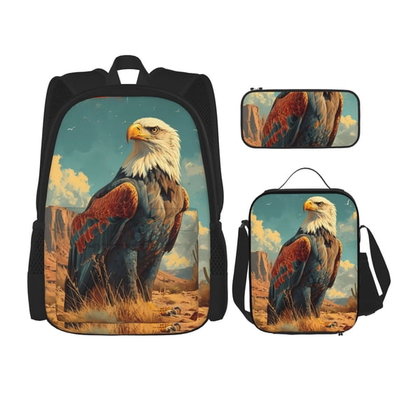 Naloa Western Desert Cactus Bald Eagle Print Large Capacity Backpack Lunch Bag Pencil Case Combination 3 Piece Set for Student
