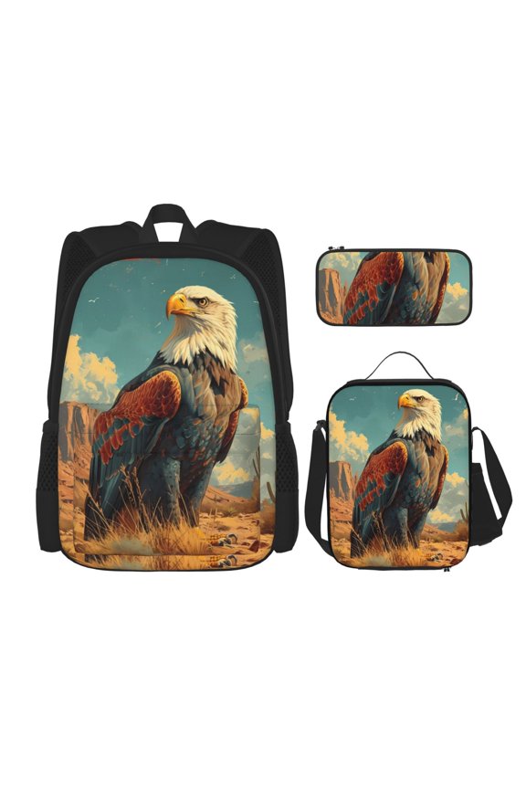 Western Desert Cactus Bald Eagle Print Large Capacity Backpack Lunch Bag Pencil Case Combination 3 Piece Set for Student