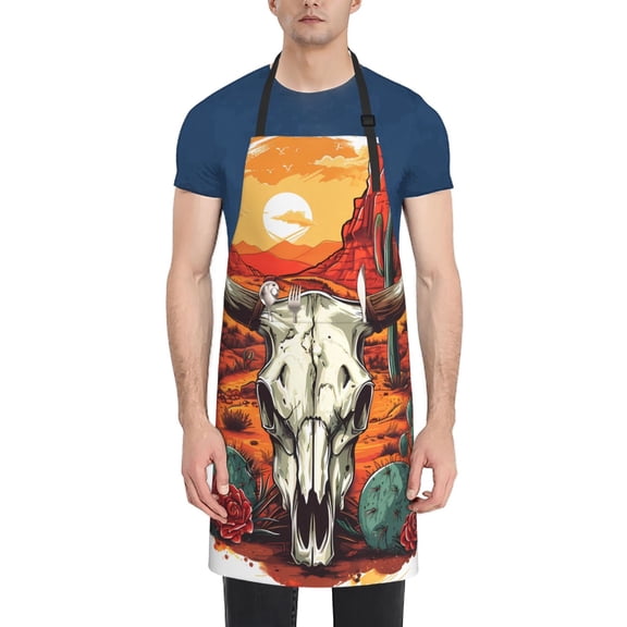 Naloa Western Desert Cactus Ram Skull Apron Kitchen Aprons with Pockets for Women Men Chef