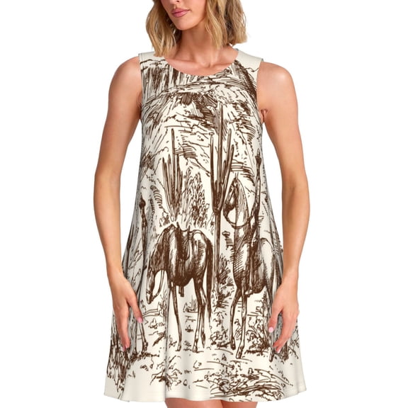 Naloa Western Desert Cowboys2 Print Women's Summer Spring Casual Beach Sundress,Vacation Sleeveless Tank Crewneck Loose Dresses