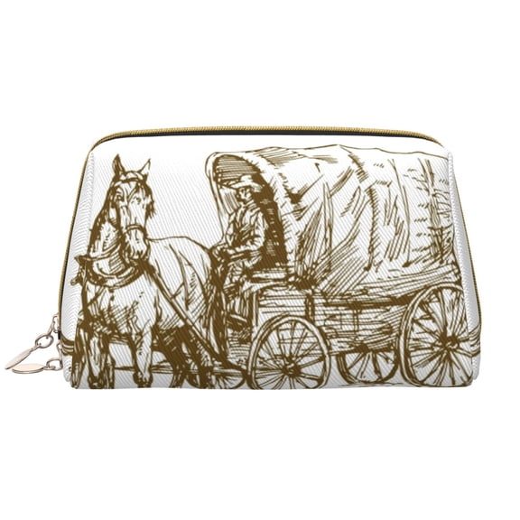 Naloa Western Scenery With Old Wagon Leather Makeup Bag for Purse Travel, Portable Small Cosmetic Organizer for Women and Girls, Make up Bag with Zipper