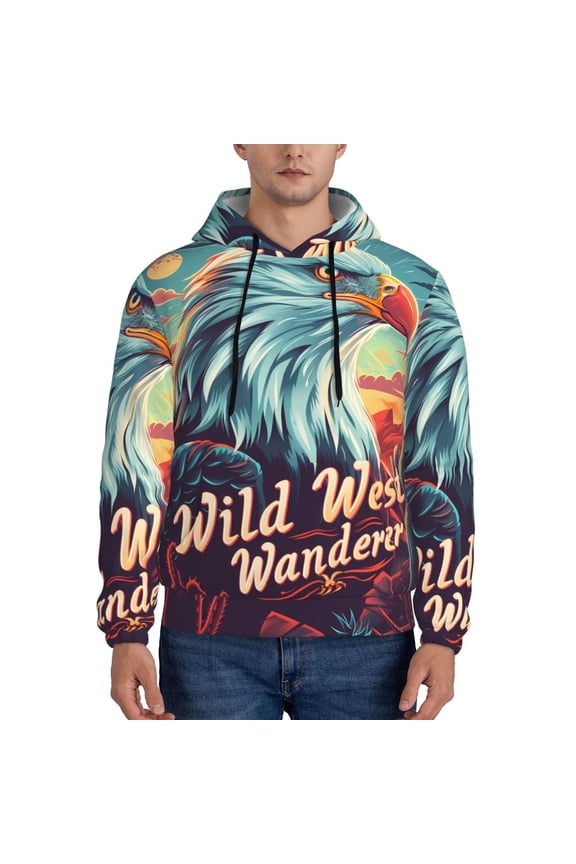 Western Style Bald Eagle Men's Casual Hooded Collar Drawstring Hoodies Pullover Sweatshirts Casual Long Sleeve Shirts-3X-Large