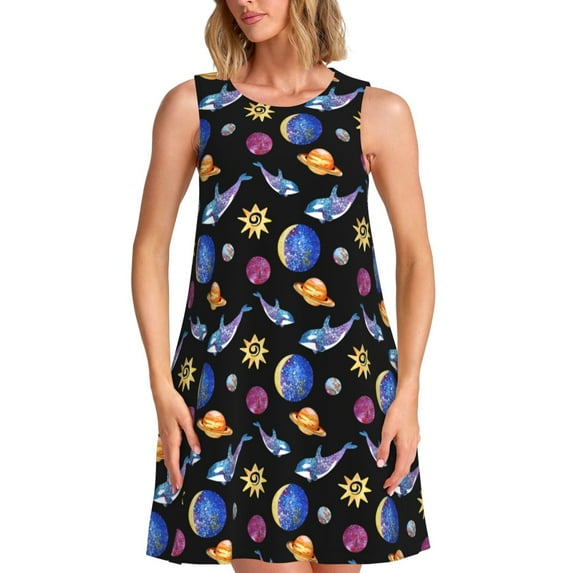 Naloa Whales In Space Print Women's Summer Spring Casual Beach Sundress,Vacation Sleeveless Tank Crewneck Loose Dresses