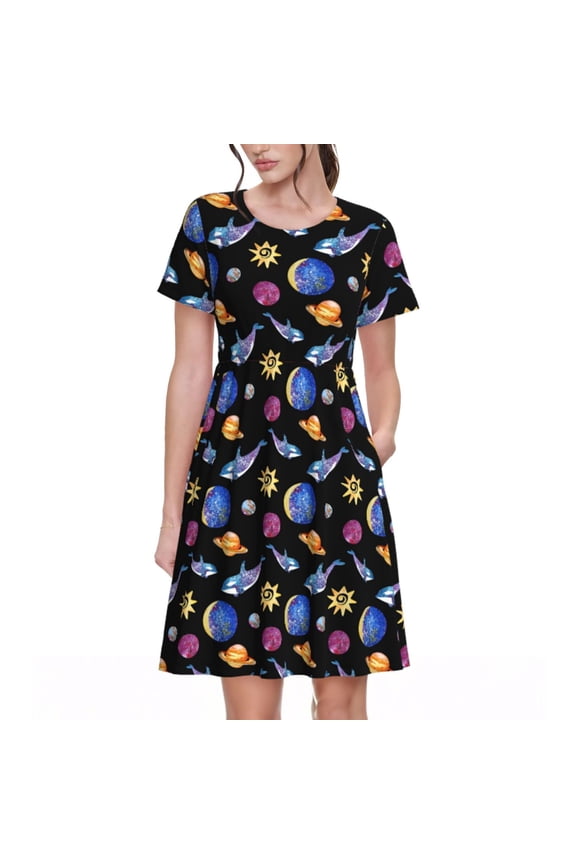Whales In Space Print Womens Summer A-Line Dress with Pockets,Short Sleeve Dresses,Flowy Beach Swing Dress for Vacation Travel