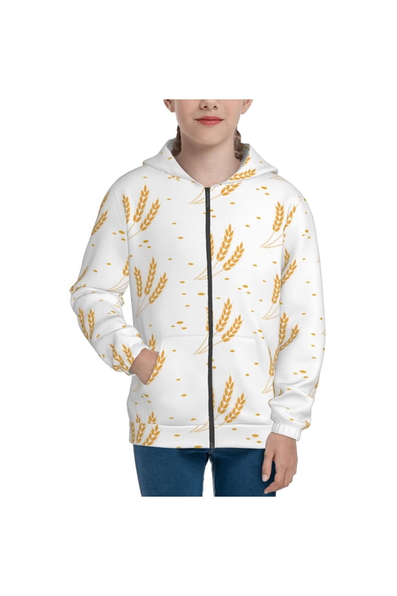 Wheat Teenage Zipper Hoodie, Long Sleeve Zip Up Hoodies Casual Jackets Tops for 7-12 Years-Small