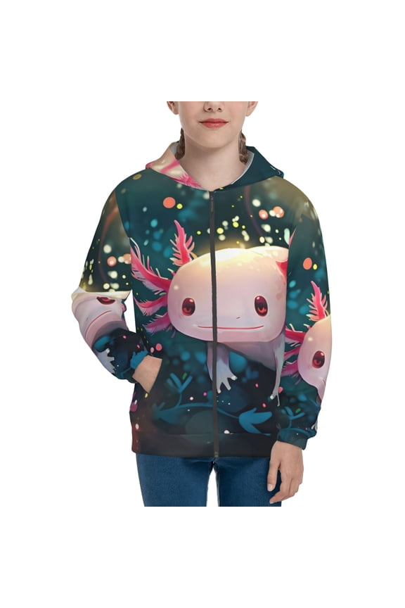 Whimsical Axolotl Fantasy Teenage Zipper Hoodie, Long Sleeve Zip Up Hoodies Casual Jackets Tops for 7-12 Years-Small