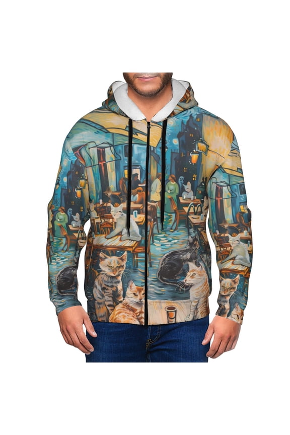 Whimsical Cats Night Cafe Men’s Hoodies, Zip up Hoodie, Sweatshirts,Hoodies for Men Sizes S-3XL-Medium