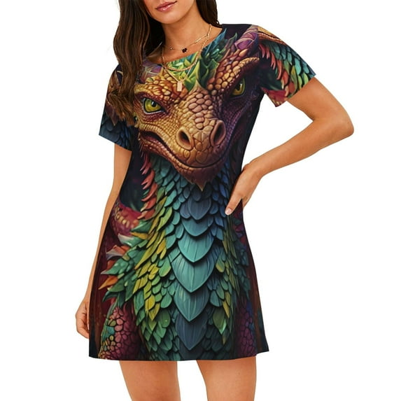 Naloa Whimsical Dragon Color Cool Print Women Nightgowns,Womens Loungewear,Short Sleeve Sleepwear,Comfy Ladies Nightdress