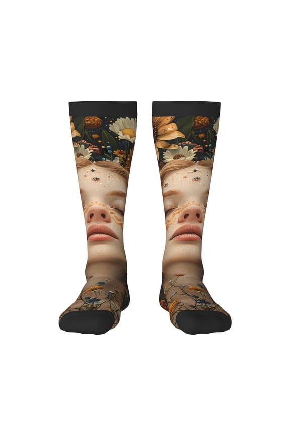 Whimsical Flower Crown Maiden Knee Socks, High Socks Long Stretchy Sock Women Knee High Stocking, Long Socks for Women