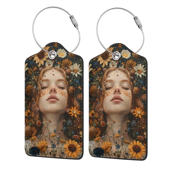 Naloa Whimsical Flower Crown Maiden Luggage Tag for Suitcase Leather Baggage Tag with Stainless Steel Loop Privacy Cover for Women Men Girls-4 PCS