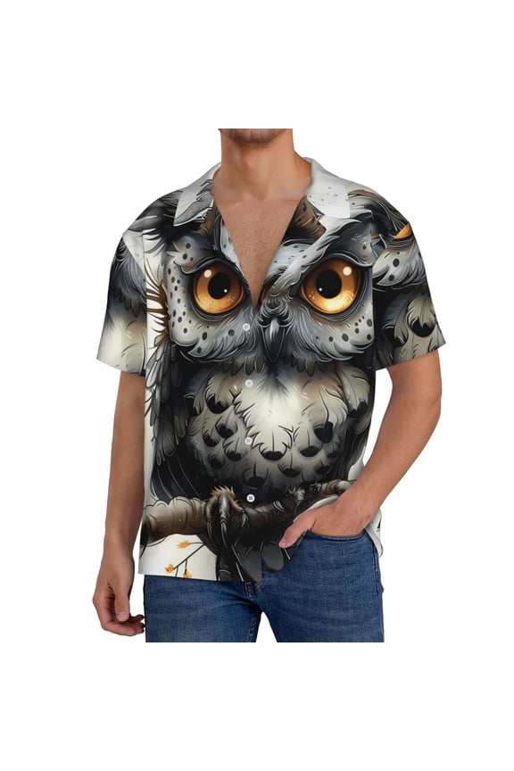 Whimsical Owl On Branch Men's Loose Fit Cuban Collar Short-Sleeve Shirt, Hawaiian Shirts, Mens Shirts Casual for Everyday Wear Outings-Small