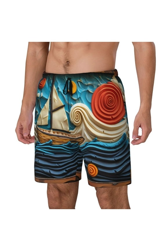Whimsical Sailboat Ocean Art Print Men Swim Trunks with Compression Liner ,Board Shorts,Men's Swim Shorts with Drawstring and Elastic Waistband-Small