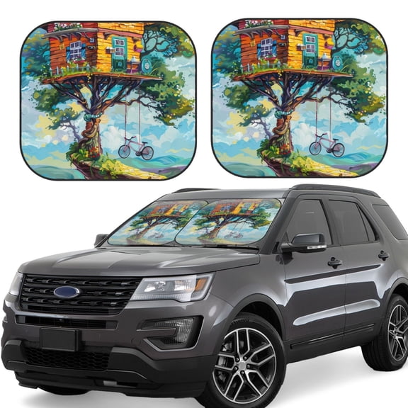 Naloa Whimsical Treehouse Painting Print 2-Piece Windshield Sunshade,Foldable Car Front Window Sun Shades,for Most Sedans SUV Truck-Medium