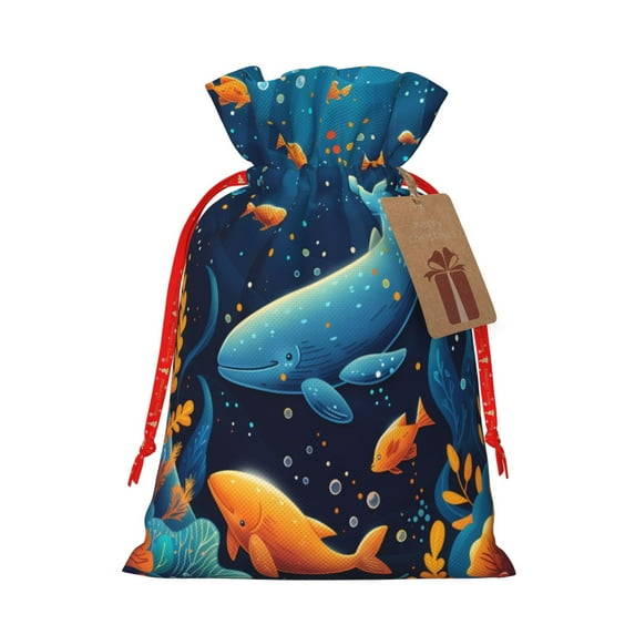 Naloa Whimsical Underwater Fantasy Drawstring Christmas Bags, 3D Xmas Gift Bags, Christmas Wrapping Bags, Xmas Goodie Bags, Treat Pouch Bags, Party Favor Bags-Medium
