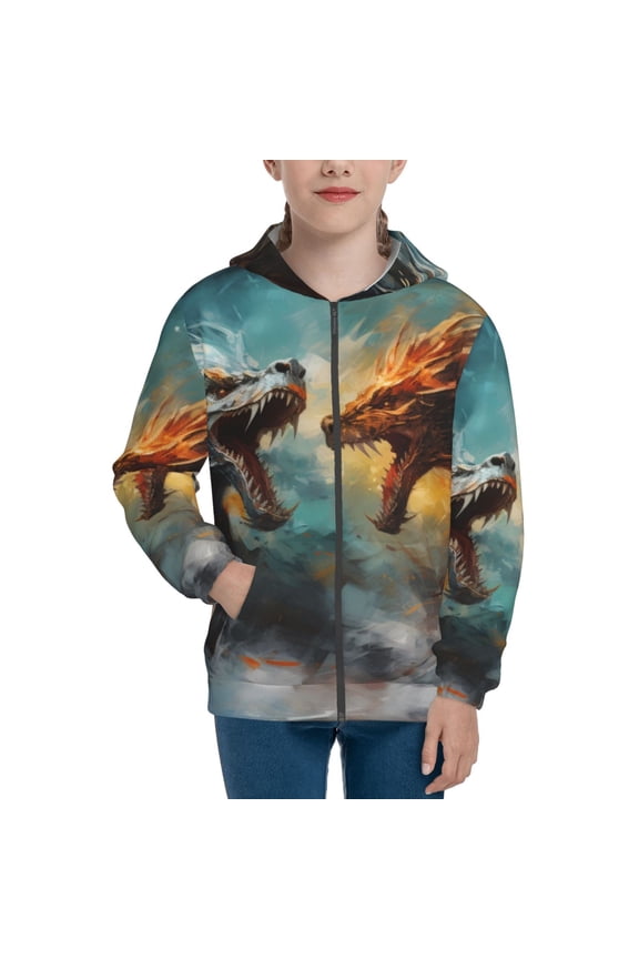 White And Red Sketch Dragon Teenage Zipper Hoodie, Long Sleeve Zip Up Hoodies Casual Jackets Tops for 7-12 Years-Small