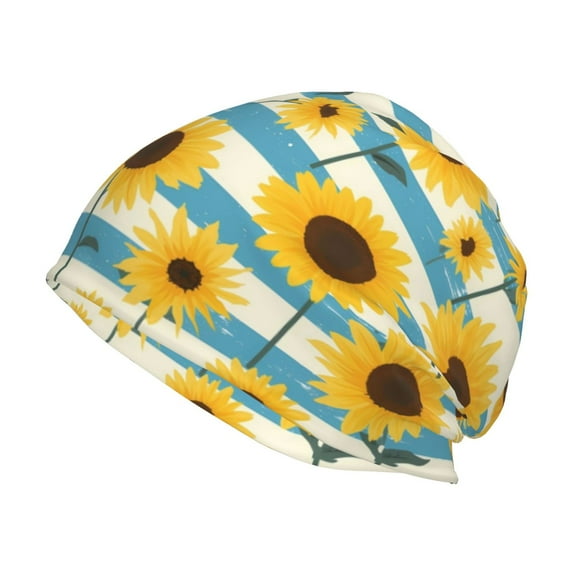Naloa White Blue Striped Sunflower Beanie for Men Women Knitted Unisex Winter Hat Beanies Cap Knit Cuffed Beanies Hats