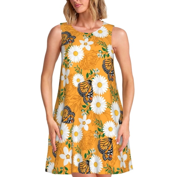 Naloa White Floral and Butterflies Print Women's Summer Spring Casual Beach Sundress,Vacation Sleeveless Tank Crewneck Loose Dresses