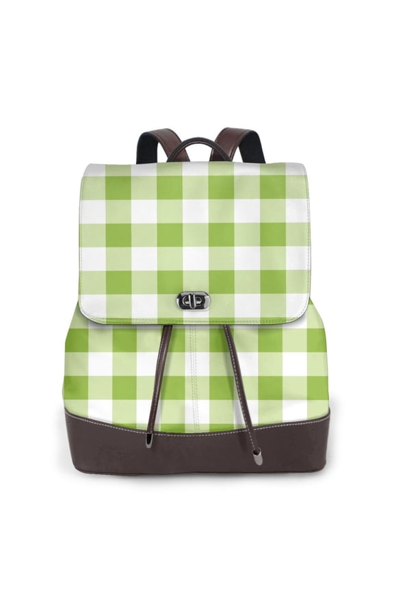 Naloa White Green Plaid Print Leather Backpack Purse for Women and Ladies,Shoulder Travel Daypacks Bags,Laptop Backpack for Women