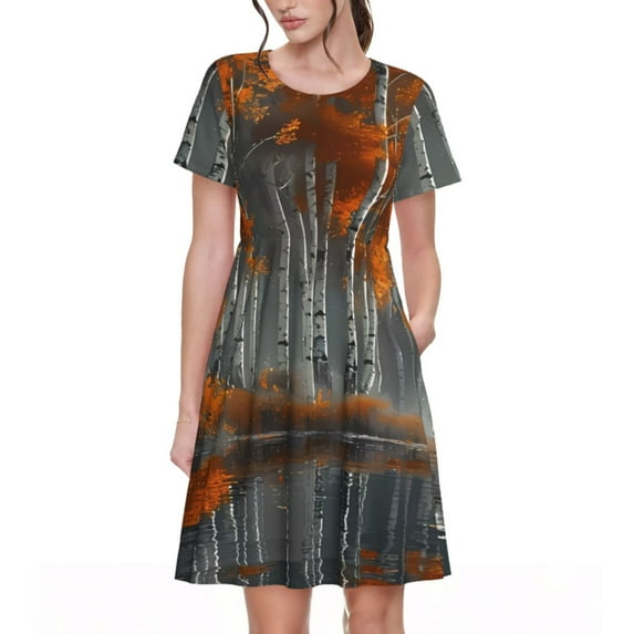 Naloa White Horse Autumn Birch Print Womens Summer A-Line Dress with Pockets,Short Sleeve Dresses,Flowy Beach Swing Dress for Vacation Travel
