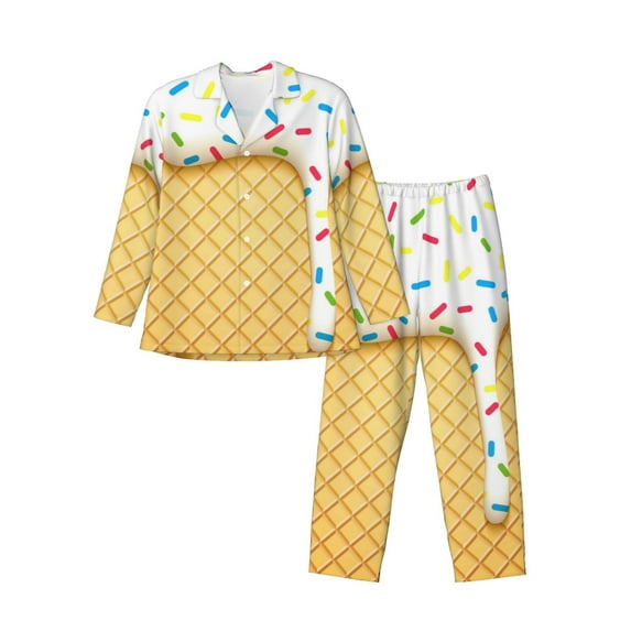 Naloa White Ice Cream Men’s Pajamas Set - Long Sleeve Button Down Sleep Shirt and Pajama Bottoms Sleepwear Set-X-Large