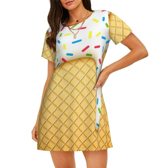 Naloa White Ice Cream Print Women Nightgowns,Womens Loungewear,Short Sleeve Sleepwear,Comfy Ladies Nightdress