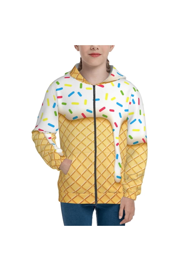 White Ice Cream Teenage Zipper Hoodie, Long Sleeve Zip Up Hoodies Casual Jackets Tops for 7-12 Years-Small