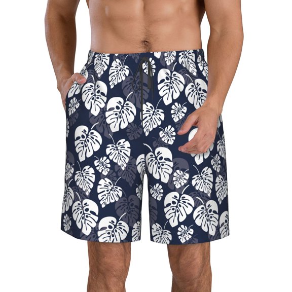 Naloa White Leaves Men's Beach Shorts, Surfing shorts, Swim trunks, Quick Dry Swim Trunks for Surfing Beach Fun - Large
