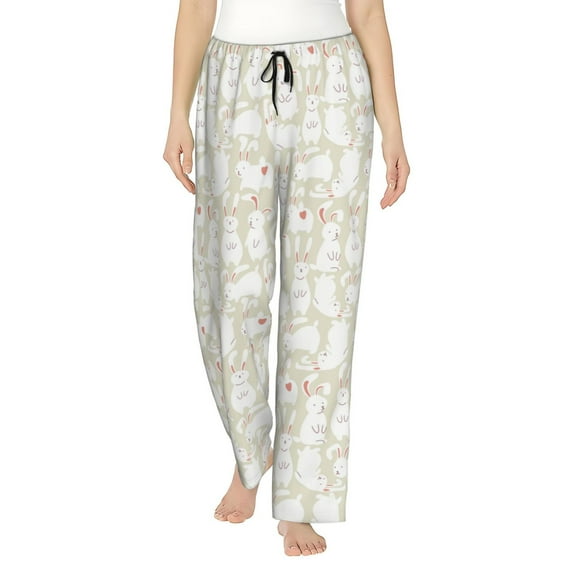 Naloa White Rabbit Print Women’s Ultra-Soft Comfy Pajama Lounge Pants with Pockets & Drawstring