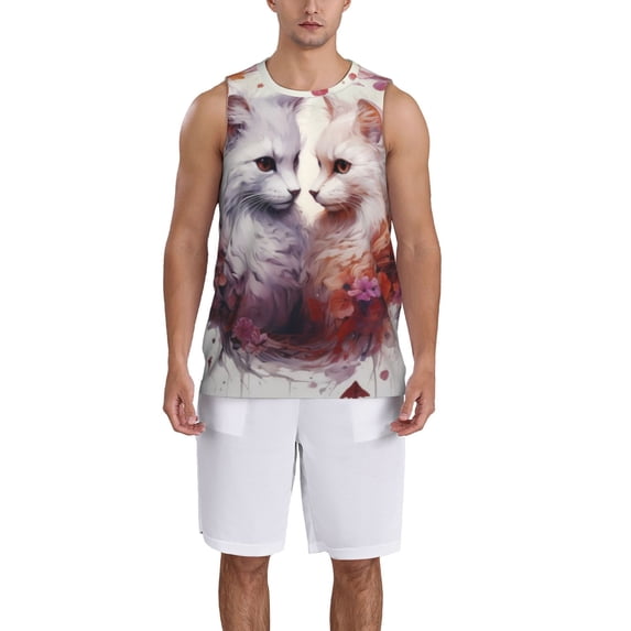 Naloa White Red Cat Couple Basketball Jersey Reversible Men's Mesh Athletic Sports Shirts Training Practice S-4XLXX-Large