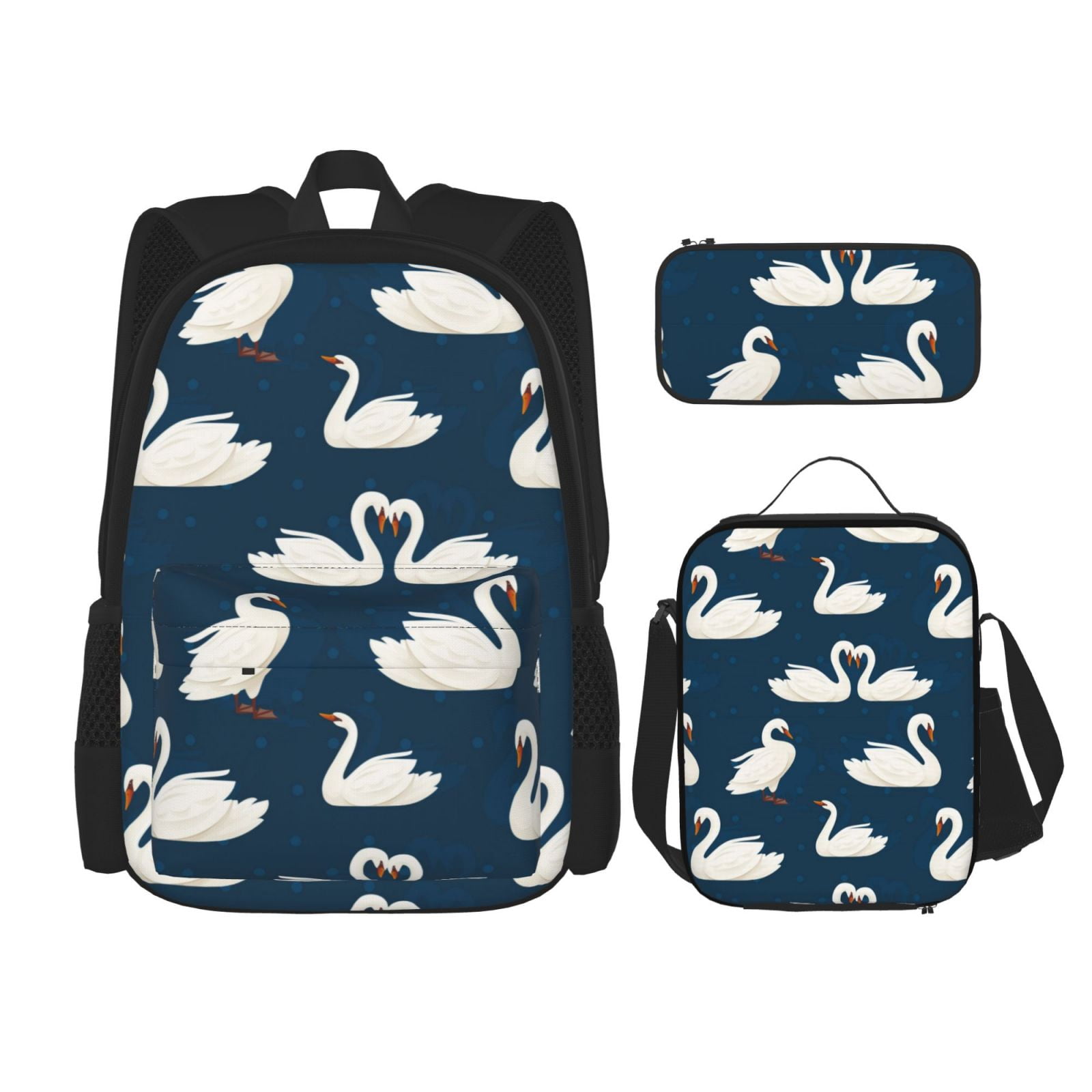 Naloa White Swam Print Large Capacity Backpack Lunch Bag Pencil Case Combination 3 Piece Set for Student