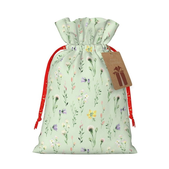 Naloa Wildflower Watercolor 5 Drawstring Christmas Bags, 3D Xmas Gift Bags, Christmas Wrapping Bags, Xmas Goodie Bags, Treat Pouch Bags, Party Favor Bags-Medium